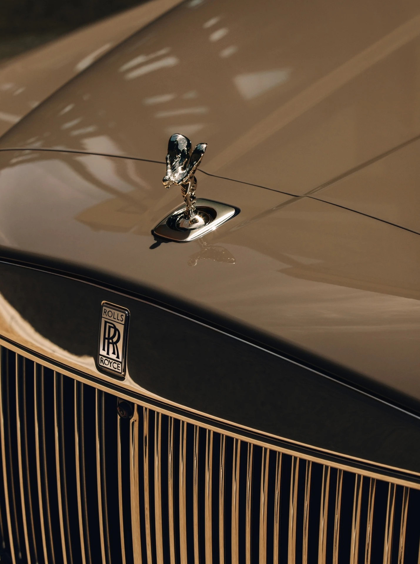 Emblème Rolls-Royce sur le capot d'un véhicule avec chauffeur à Genève